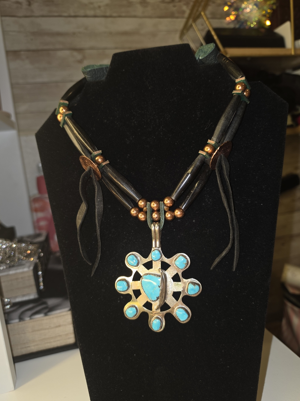 Turquoise Sunburst Pendant Necklace - Blue and Copper Women's Jewelry